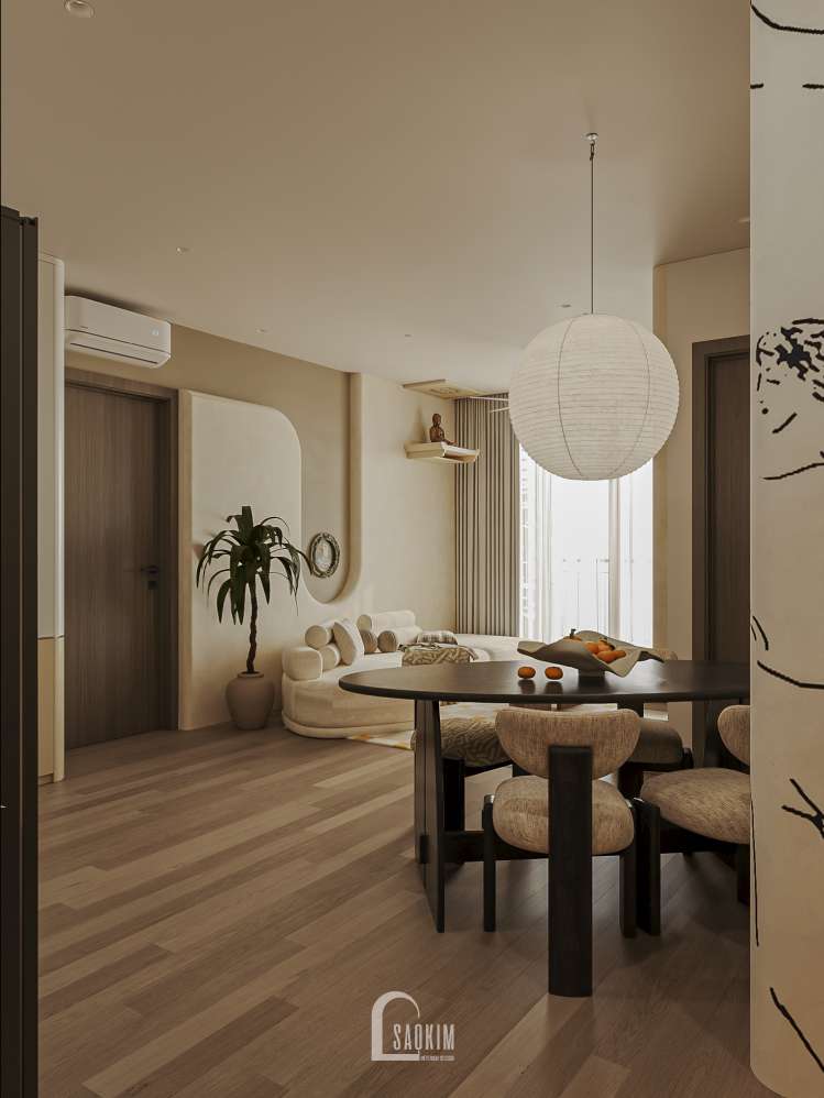 Thiết kế chung cư 2 ngủ The Beverly mang tinh thần Modern Organic vào khu vực bếp – nơi gam màu trung tính, chất liệu gỗ và ánh sáng ấm tạo nên không gian gần gũi, thư thái.

